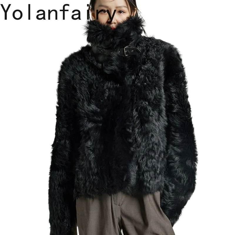 

YOLANFAIRY Women Short Natural Curly Lamb Shearling Coat Genuine Sheepskin Fur Integrated Jacket Winter Real Leather Fur Coats