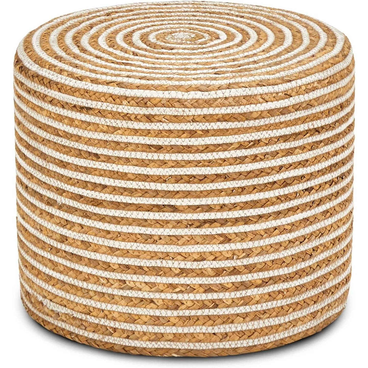 

18'' Ottoman Pouf, Natural Braided Poof, Rustic Lounge Pouffe, Boho Footrest Stool (Natural Water Hyacinth + White Cotton Rope)