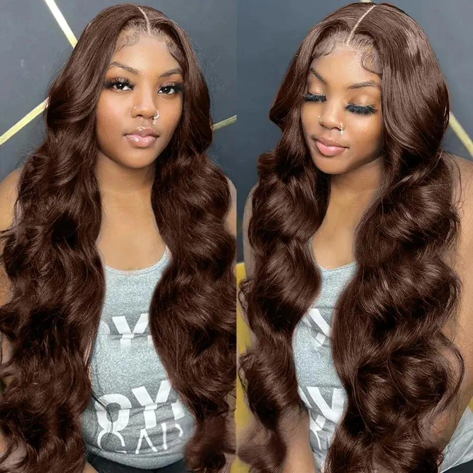 HD Transparent Lace Closure Wig Chocolate Brown Pre Plucked Hairline 200% Density Human Hair Wigs Bleached Knots