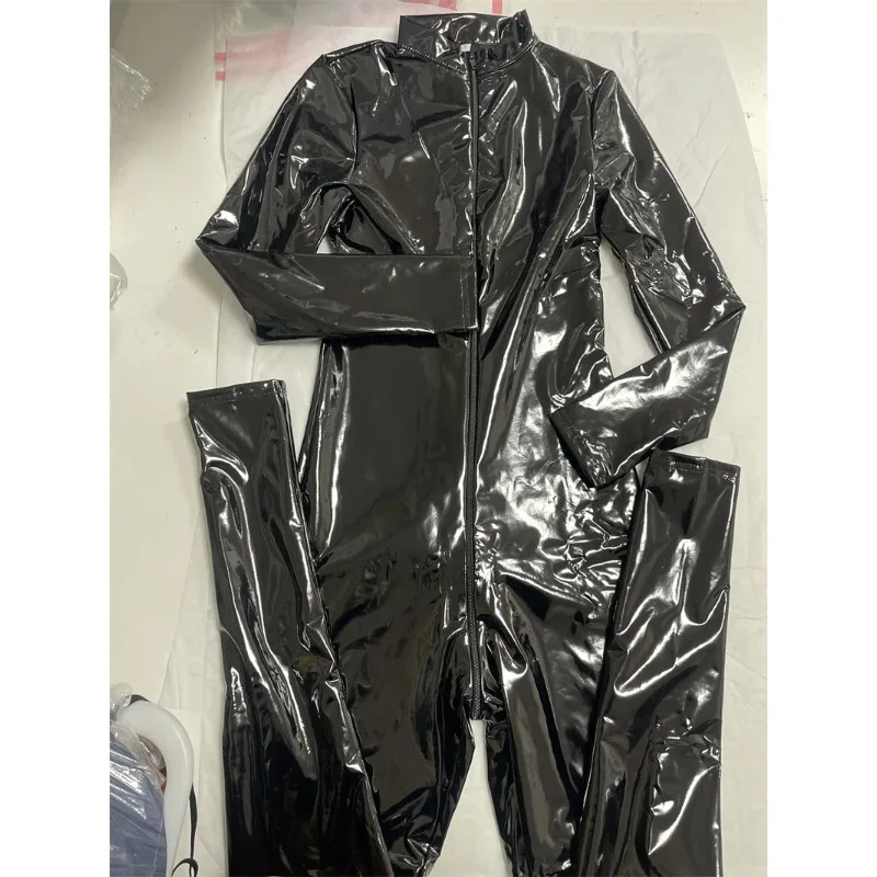 

Women's Sexy Black Red Wet Look Jumpsuit Shiny Faux Leather Bodysuit with Zipper Open Crotch for Nightclub S-5XL