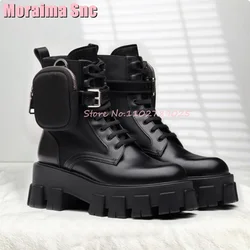 Pocket Decor Round Toe Ankle Boots Strap Thick Bottom Lace Up All-Match Fashion Autumn Winter Women Boots Black Solid 2023 New