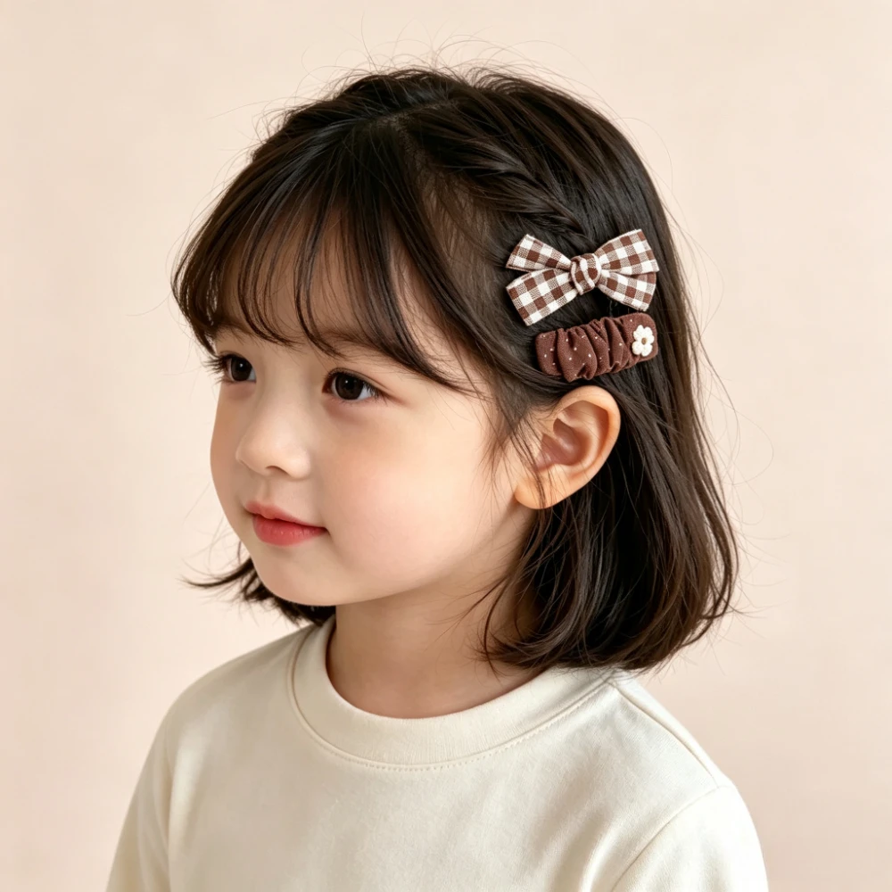 2pcs/set Plaid Bow Kids Hair Clips Baby Girl Button Low Hairpins Bangs Side Clip Barrettes Headwear Children's Hair Accessories