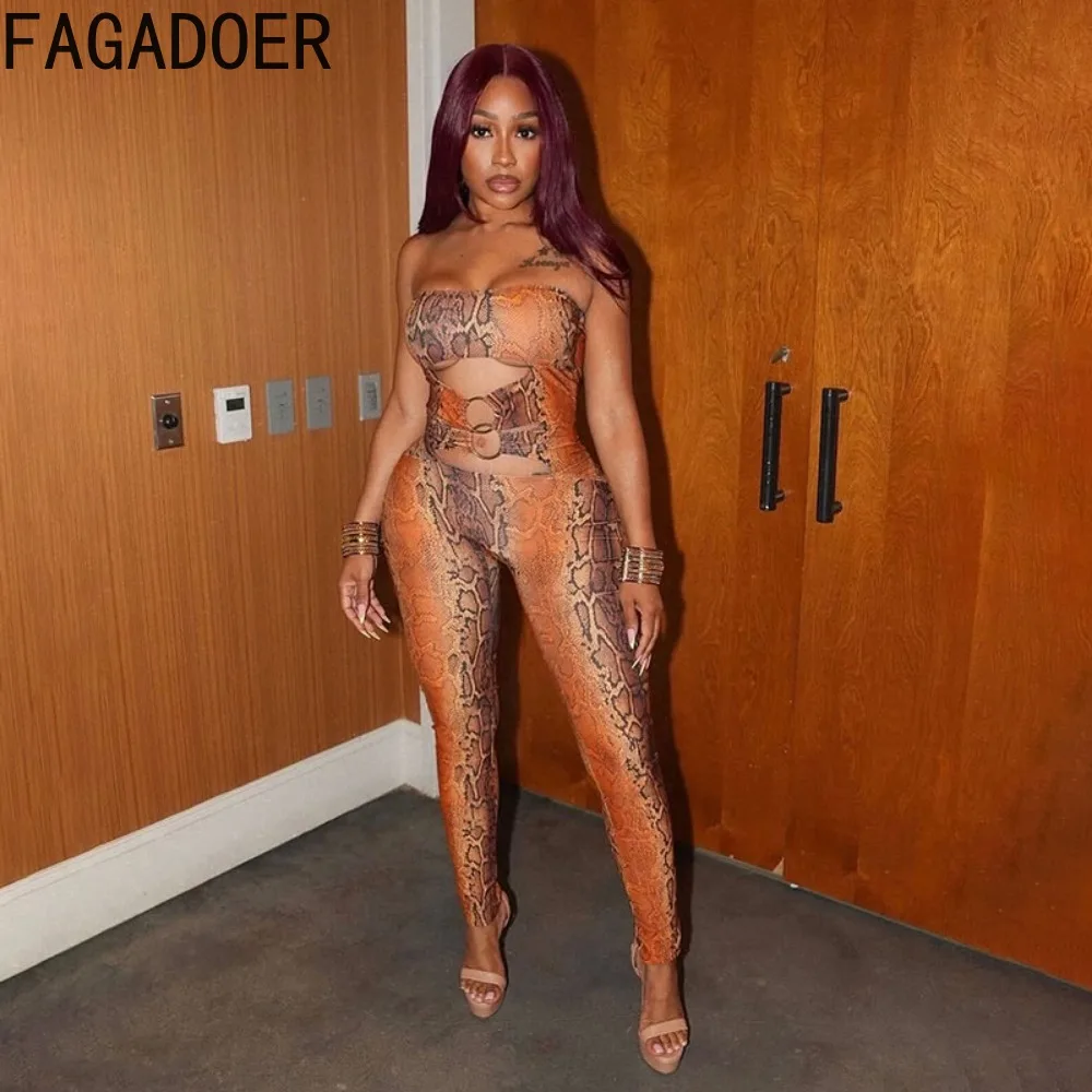 FAGADOER Fashion Snake Print Bodycon Jumpsuits Sexy Hollow Out Off Shoulder Bodycon Long Rompers Night Club Party Playsuits New