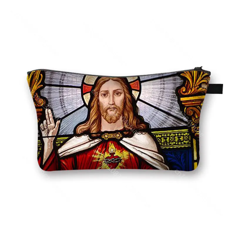 Trousse de maquillage vintage pour femme, sac de voyage portable, peinture à l'huile, toile de la Vierge Marie, religion de Jésus