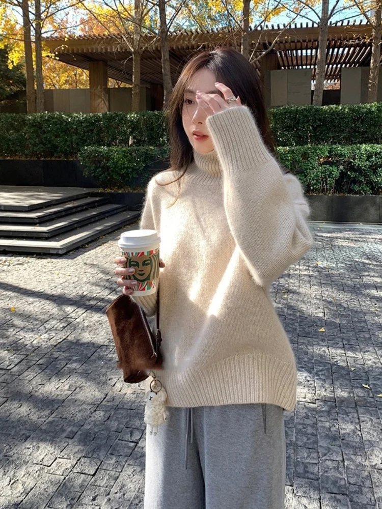 Goat cashmere sweater female 100% pure cashmere turtle neck autumn and winter new loose lazy wind thickened knitting.