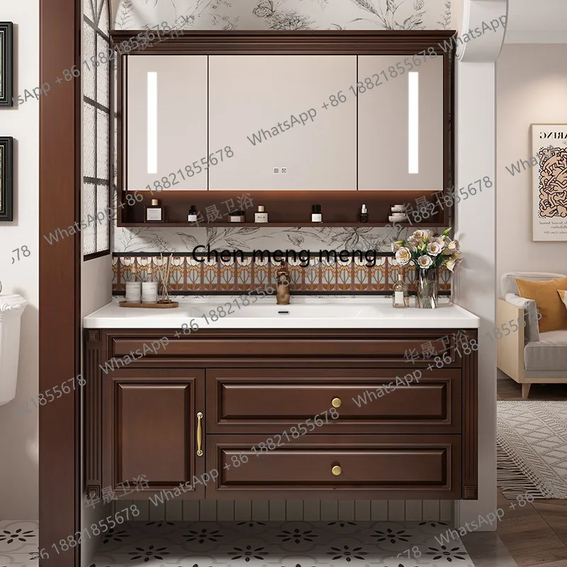 

American retro solid wood bathroom cabinet combination wall-mounted ceramic mirror cabinet washbasin washbasin