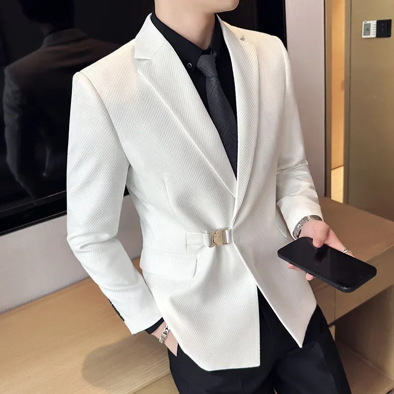 High Quality Summer Thin Blazer Jackets For Men Clothing 2024 Fashion Buckle Design Slim Fit Casual Suit Coats Tuxedo Formal 3XL