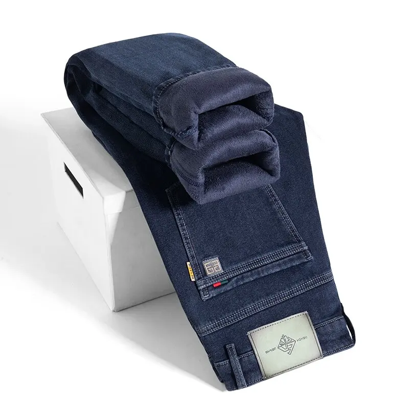 

Зимние новые модные однотонные толстые теплые эластичные джинсы с бархатом для мужчин, повседневные свободные спортивные брюки высокого качества 28-40