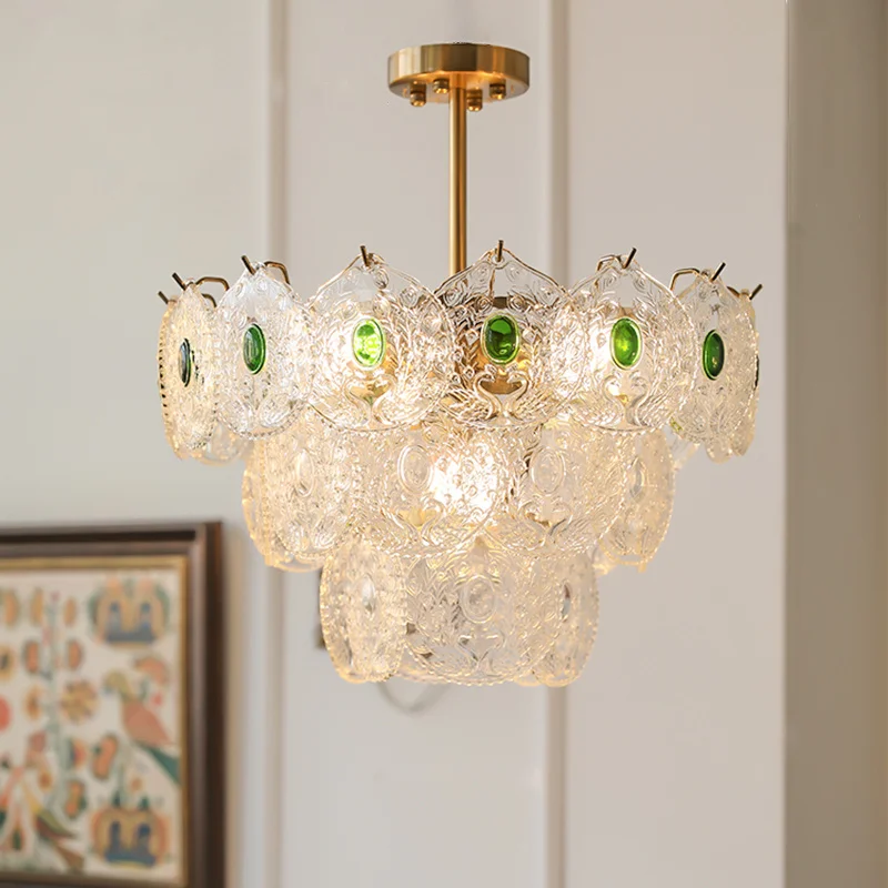 

French-style glass bedroom chandelier for living room and dining area - romantic emerald green vintage main bedroom lamp