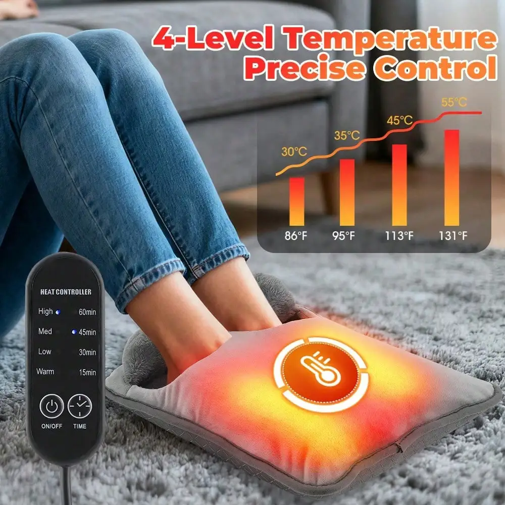 Electric Foot Warmer Pad, Soft Plush Surface, Home Foot Warmer Pad, 4 Temperature Settings, 4 Timer Functions, Fast Heating, Suitable For Bed, Office, Under Desk And More