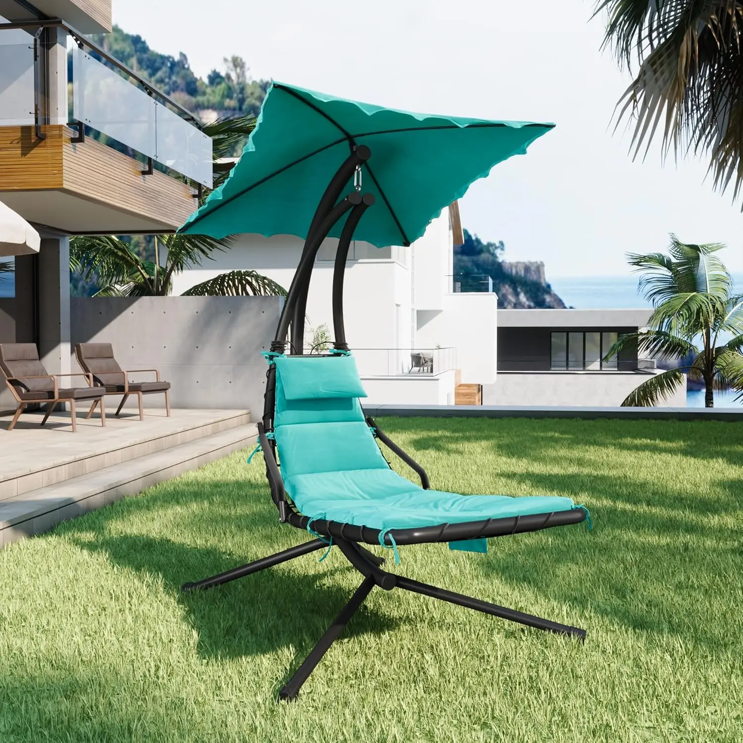 Chaise Lounger Swing Chair with Umbrella Canopy, Patio Hanging Chair with Stand, Steel Outdoor Lounge for Patio Pool Garden