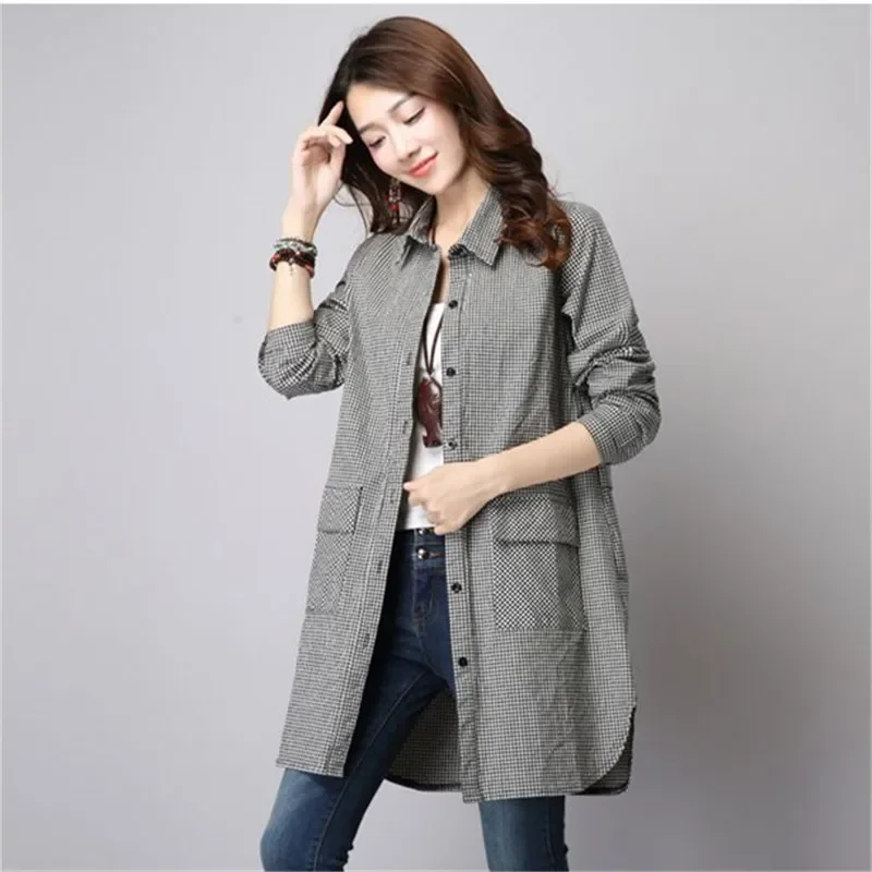 2024 Spring Autumn New Plaid Casual Shirt Women Fashion Long Sleeve Mid-Length Single-Breasted Blouse Coat Loose Ladies Top