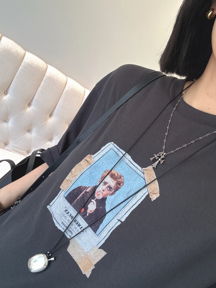 

Летний тонкий хлопковый топ в скандинавском ретро-стиле с виниловым принтом, свободный крой, повседневный женский топ