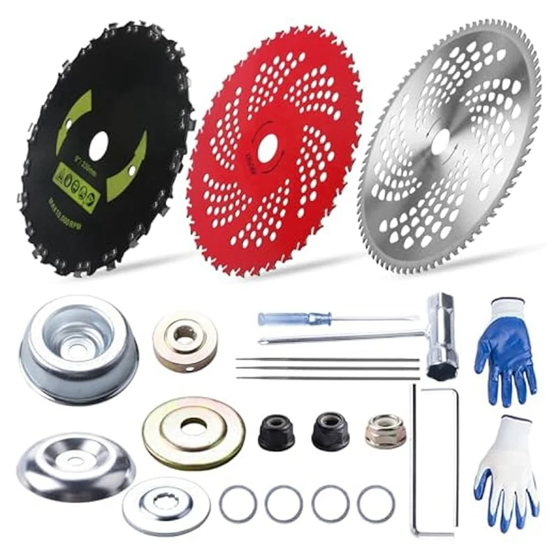 

9Inx36teeth Blades&9Inx20t Round Chainsaw Tooth Blades & 10In X 80T Brush Cutter Trimmer Blades With Adapter Kit