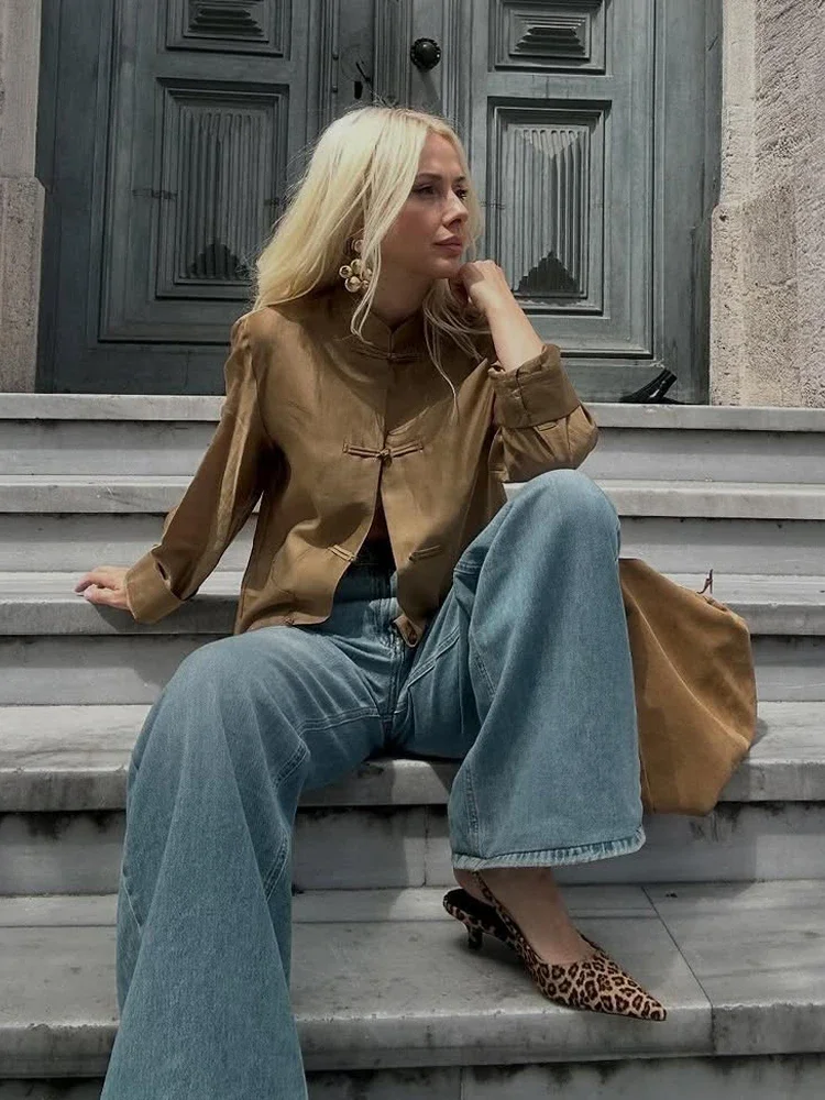 Brown Chinese Frog Button Blazer Mandarin Collar Long Sleeve Loose Fit Top Women Lady Fashion Casual Streetwear New