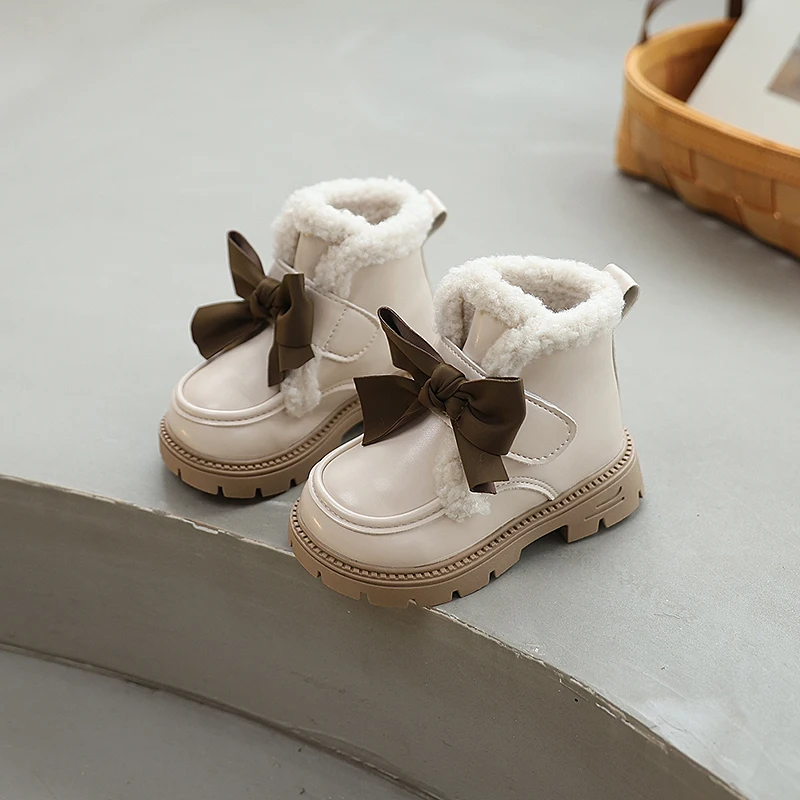 

Зимние хлопковые сапоги на платформе для девочек, модные элегантные детские ботильоны принцессы с бантом, детские повседневные плюшевые сапоги для свадебной вечеринки