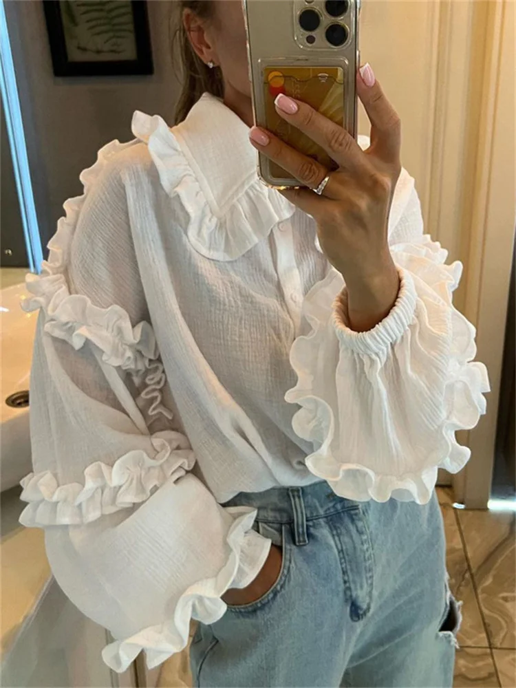 

White Ruffled Casual Shirts For Women Fashion Patchwork Cardigan Lapel Long Sleeve Outwear Slim Ladies Shirts New