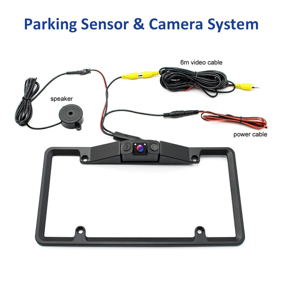US Car Plate Frame Reversing Camera with 2 Radar Sensors Audible Alarm Rearview Camera Visual Parking System No Hole Drill