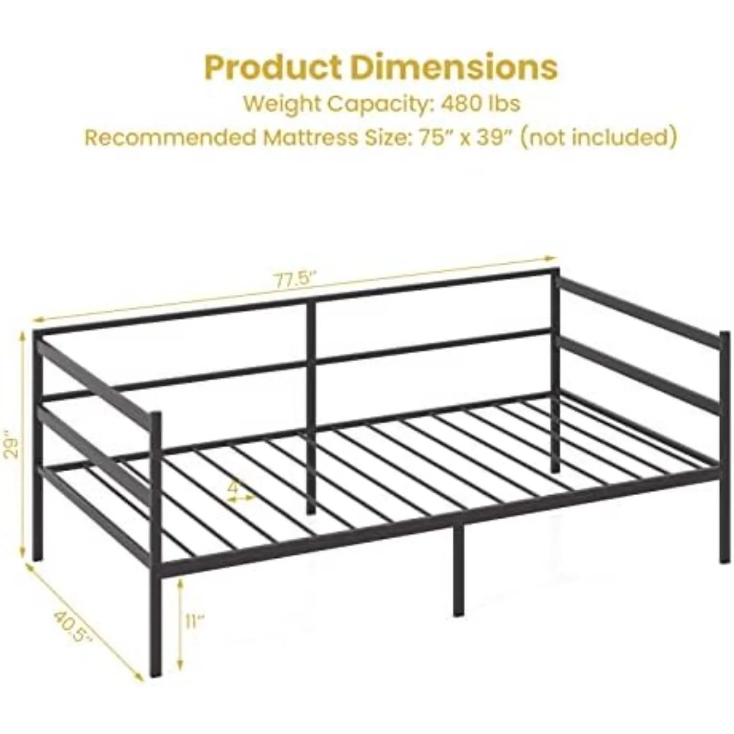 Twin Size Metal Daybed Frame, Heavy-Duty Metal Slats Support Platform Bed, Home Sofa Bed with Storage, No Box Spring