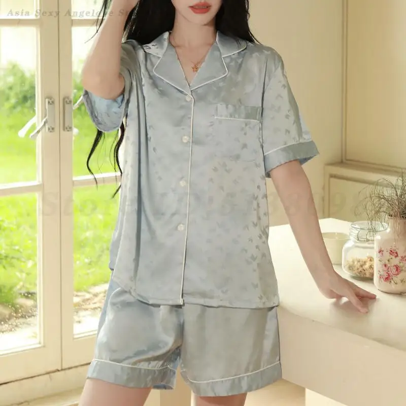 

Blue Jacquard Pajamas Set Summer New Short Sleeved Shorts Pyjamas Suit Female Elegant Sleepwear Satin Casual Homewear Loungewear