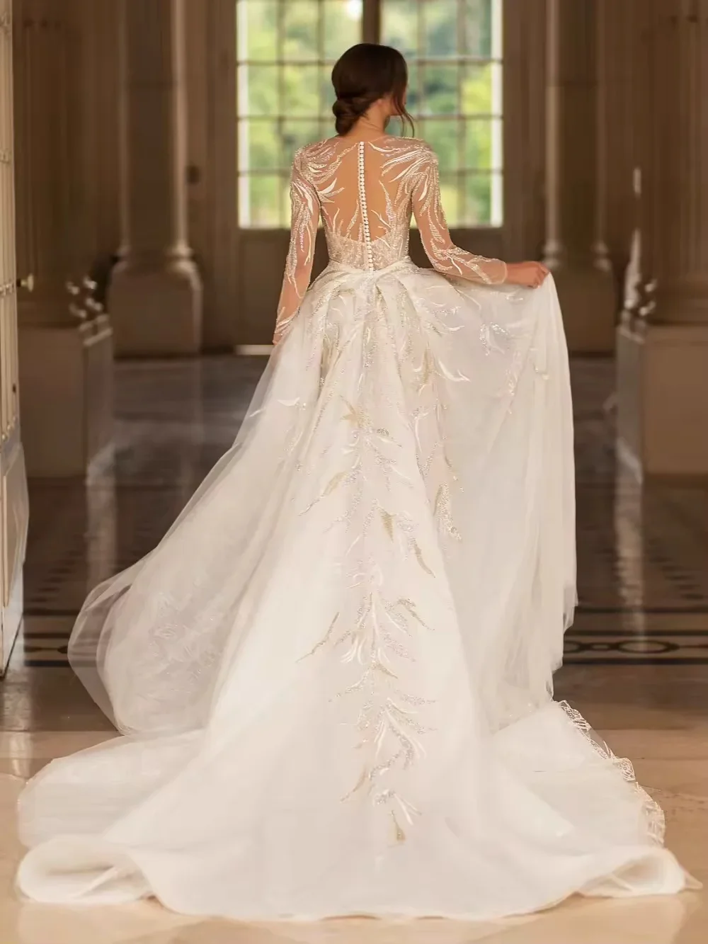 

Customized O-neck Wedding Dress Sparkly Sequins Beads Bride Robe Detachable Train Mermaid Bridal Gown Robe De Mariée
