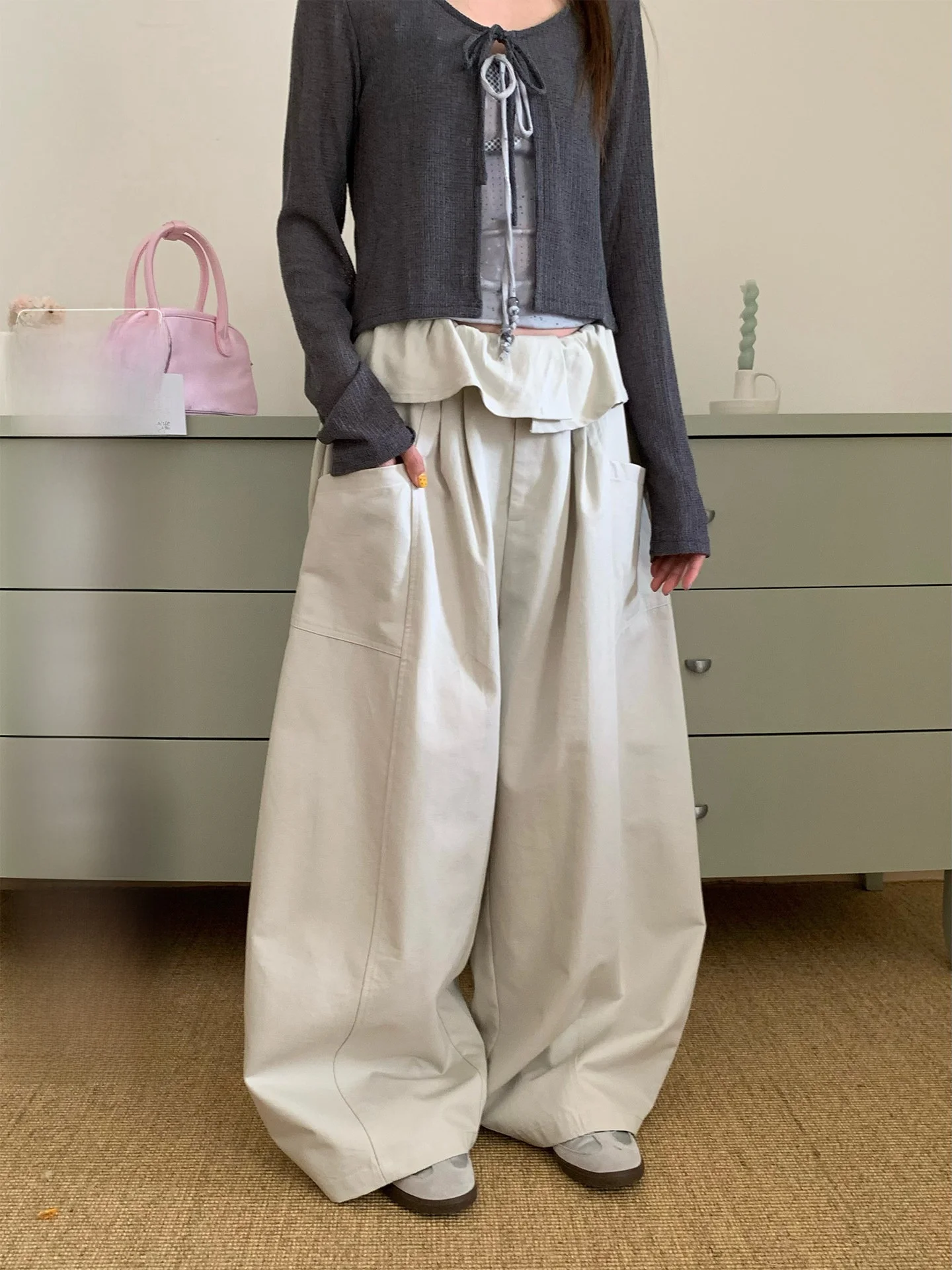 

Summer Casual Pants Women Straight Leg Loose Drapey Floral Trim Splicing Wide Leg Trousers Elegant Chic Female Fashion