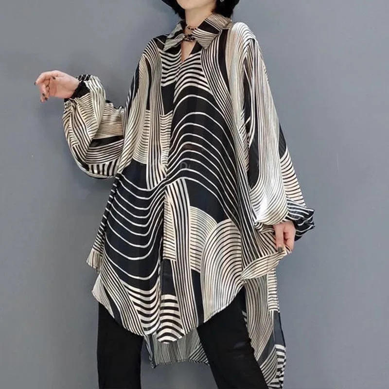 Oversized Striped Chiffon Summer Shirt Women Blouse 2023 Holiday Style Ladies Casual Sunscreen Loose Large Shirts 4XL Tops