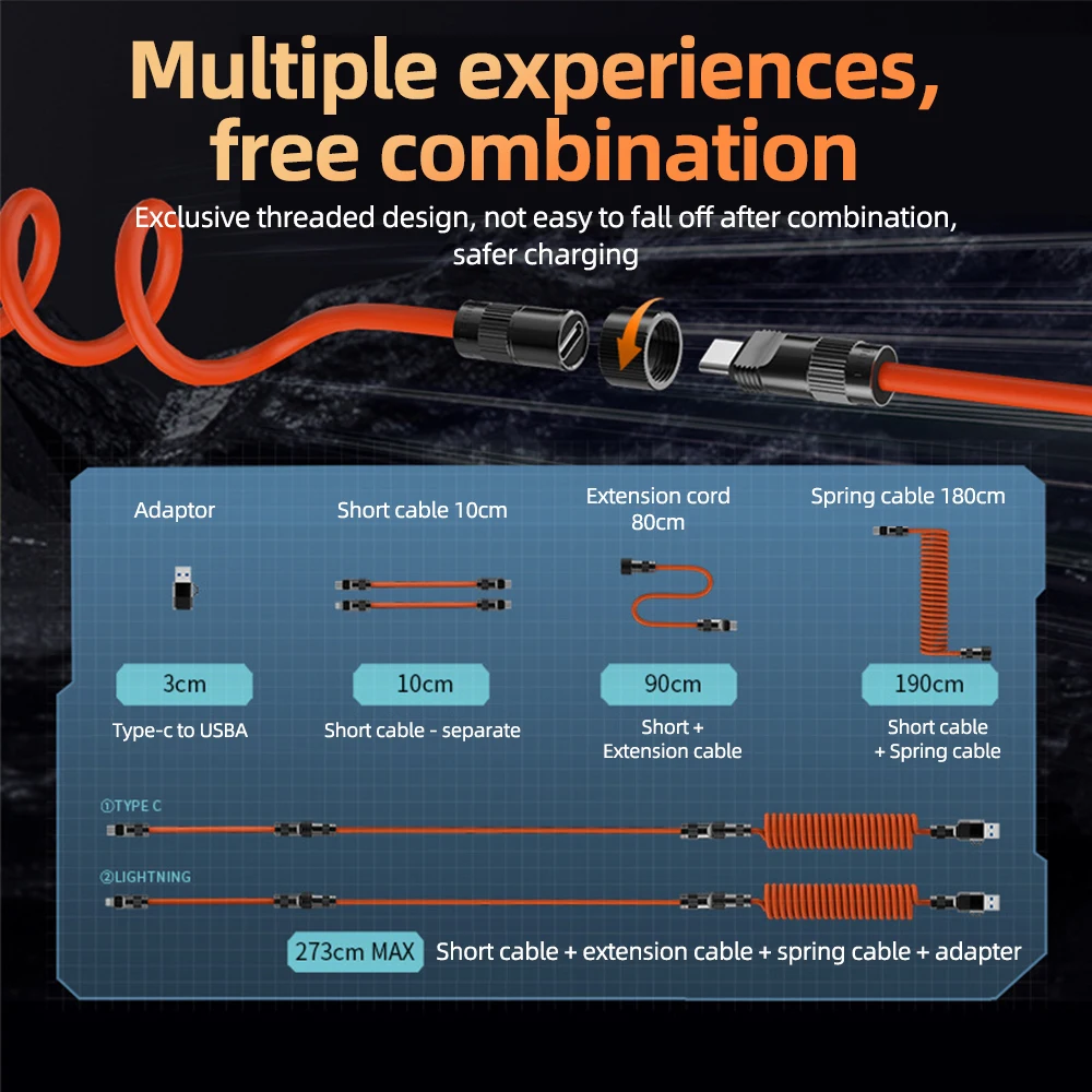 Imitação Silicone Splicing Data Cable, USB Tipo-C, Carregamento Rápido, PD 3.1, 140W, 273cm Max, 480Mbps, Lightning, Laptop, Telefone