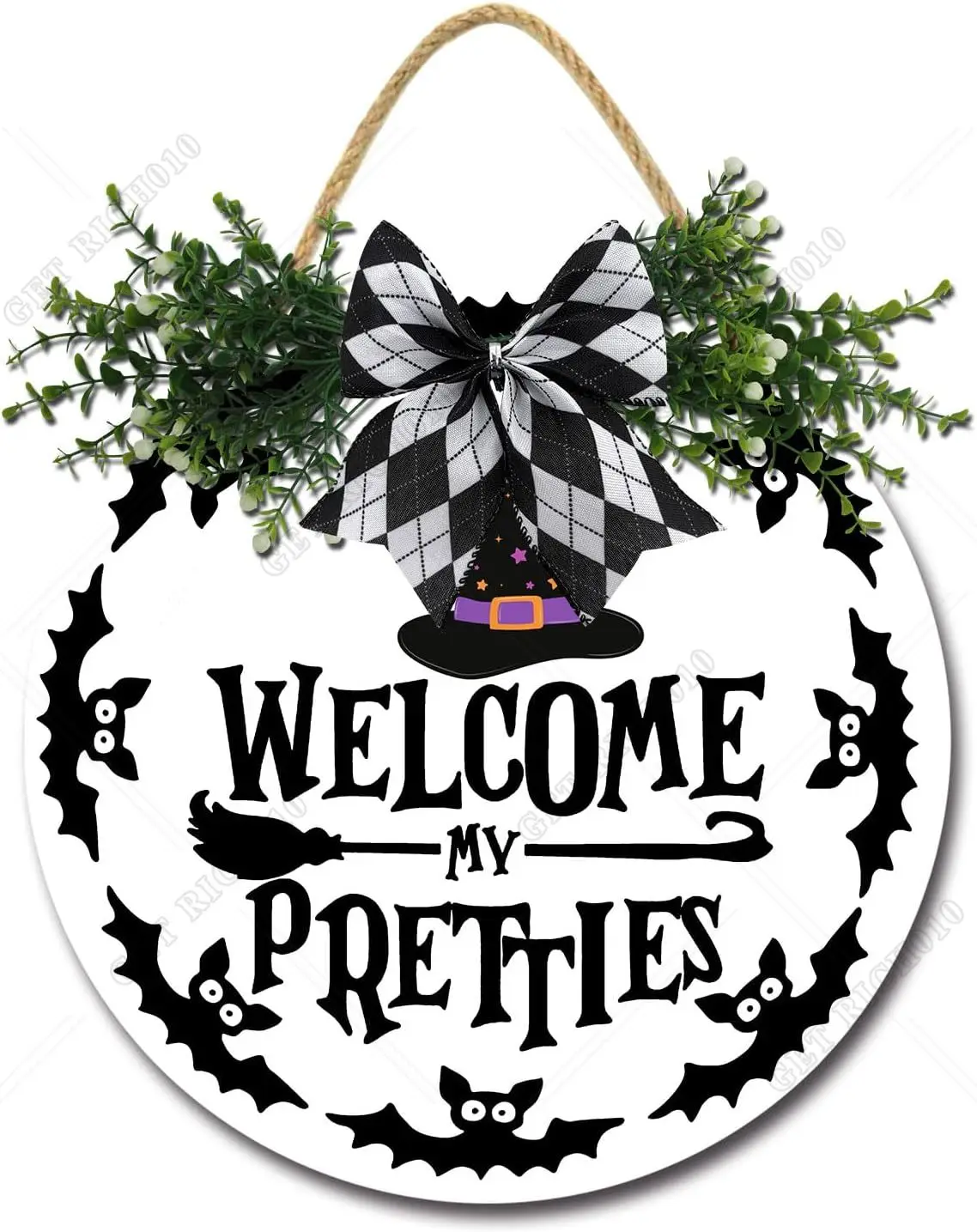 

Halloween Door Sign Witch Sign Welcome My Pretties Sign for Front Door 12inch Round Wood Halloween Wreaths Hanging Decor
