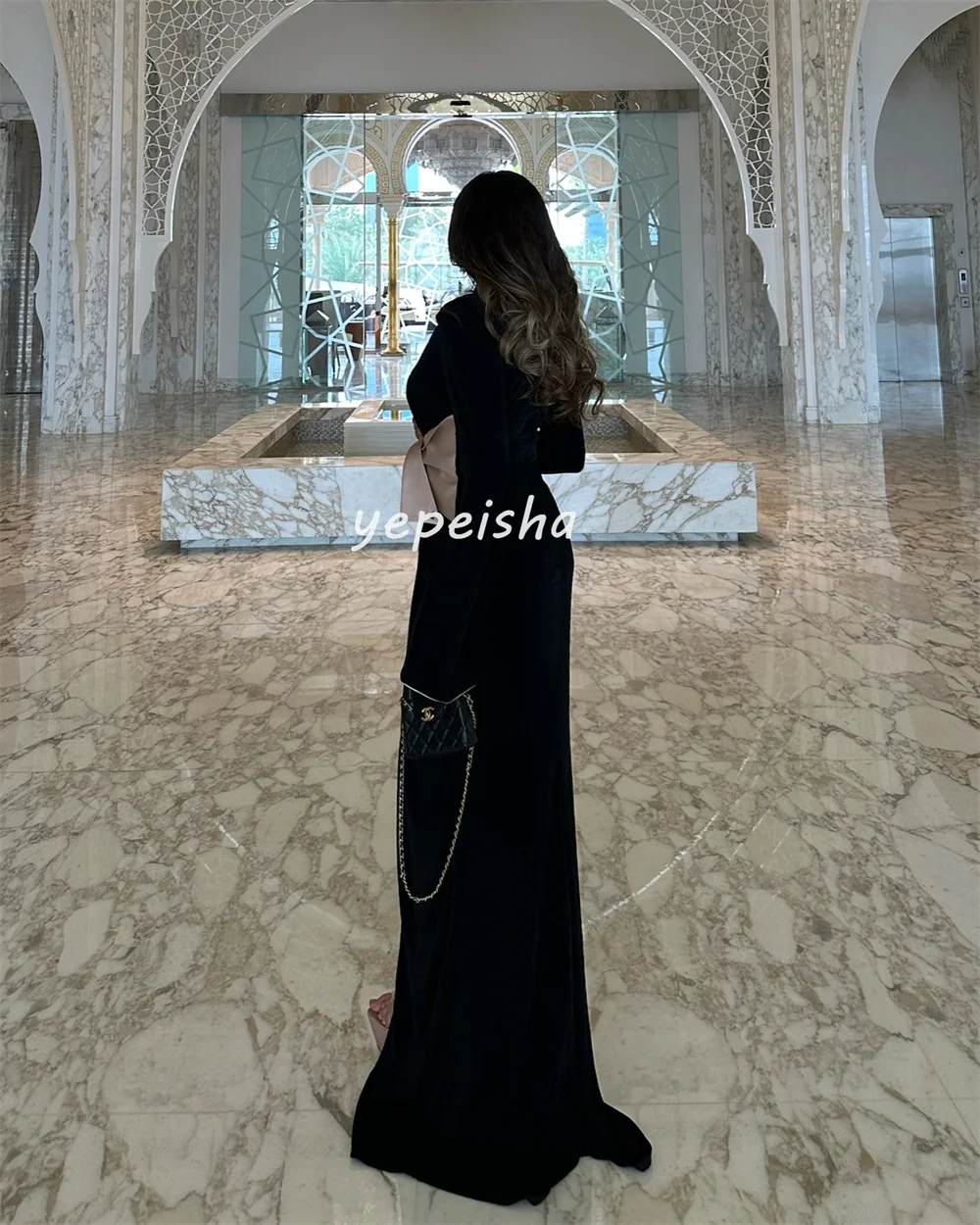 Customized Sizes Available Matching Jersey Pleat Bow Straight V-neck Long Dresses Bespoke Occasion Dresses Exquisite Elegant image 3