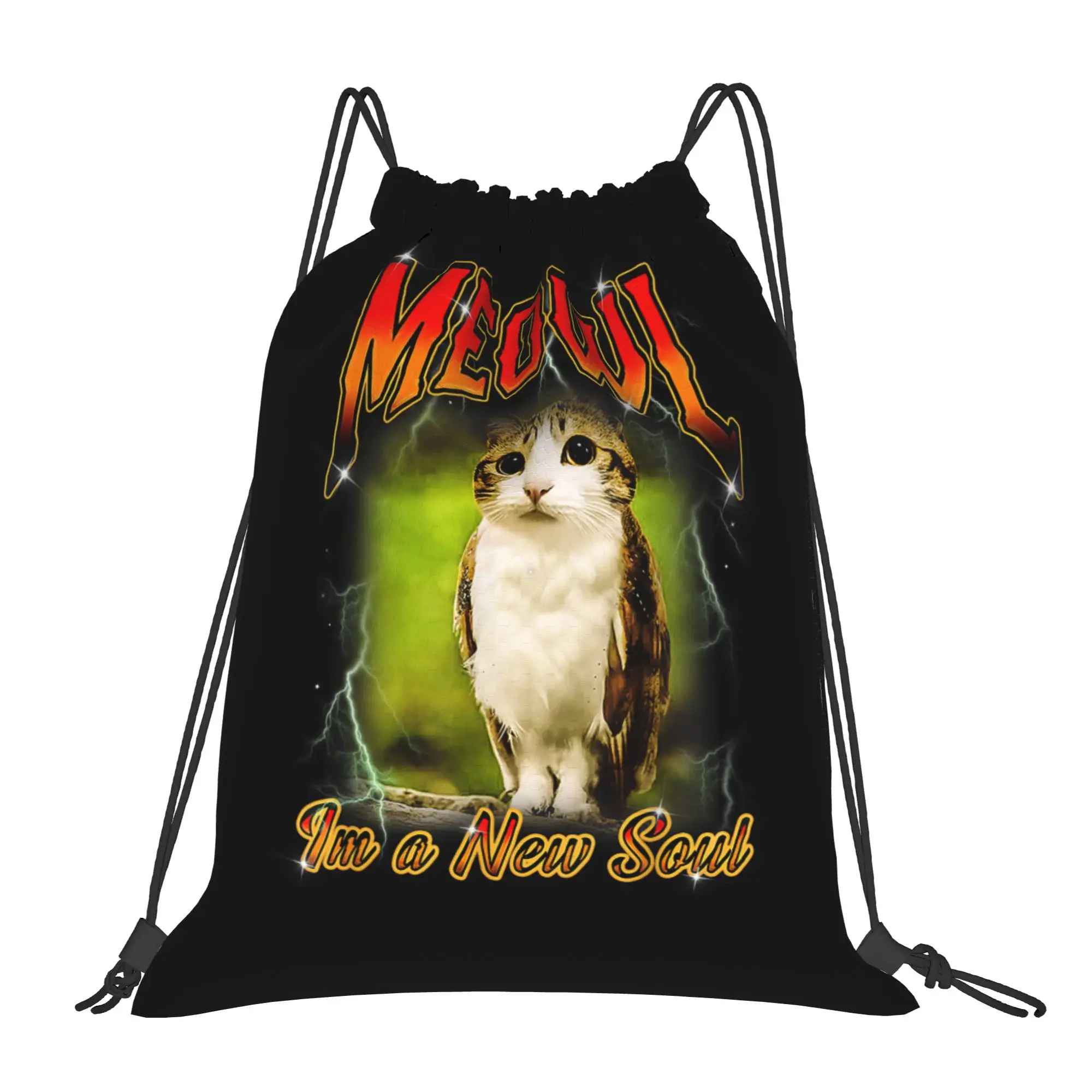 Meowl Cat Owl Meme Drawstring Backpack Sports Gym Sackpack Water Resistant  String Bags for Hiking