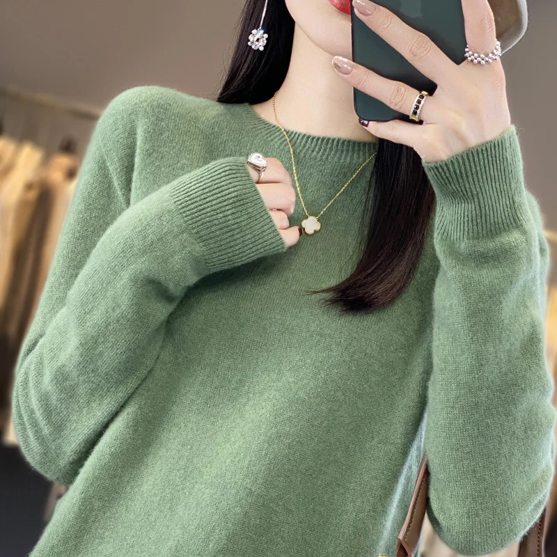 100% Wool Sweater Women\'s O-Neck First Line Garment Pullover Spring/Autumn Loose Warm Knitted Long Sleeve Solid Color Basic Top