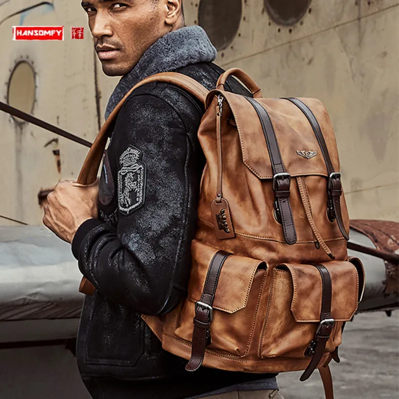 World War II Pepper Salt Genuine Leather Men's Backpacks First Layer Cowhide Vintage Travel Backpack Men's Laptop Bag Schoolbag