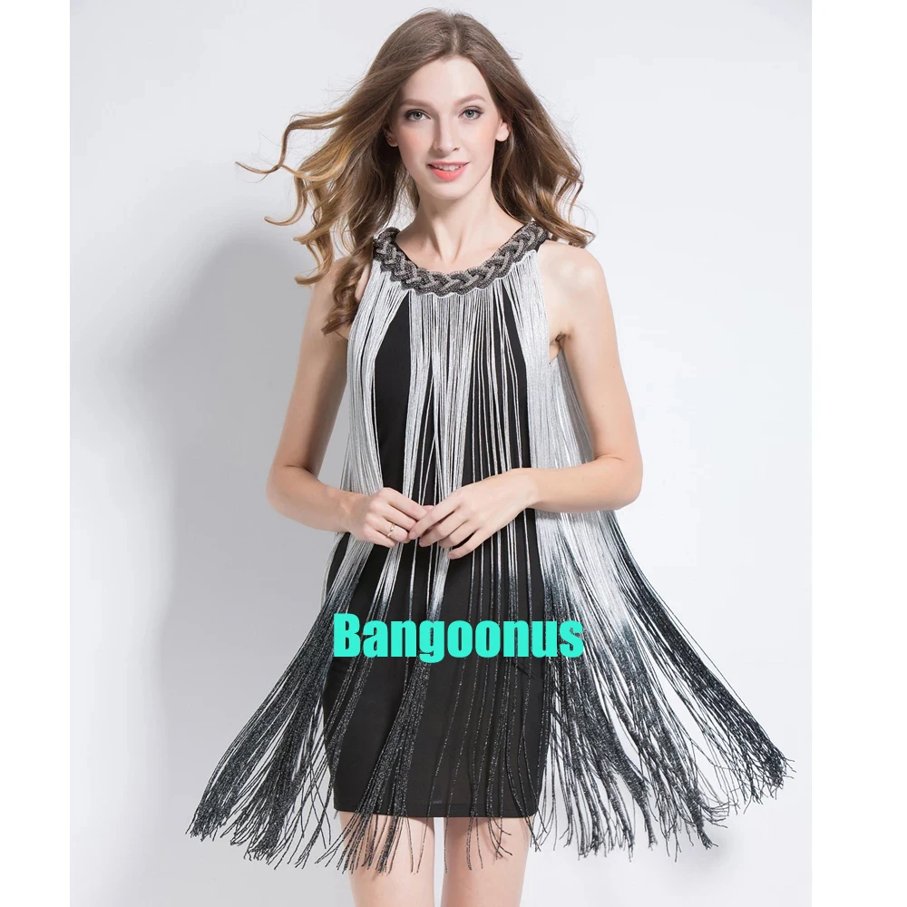 

New Great Gatsby Ombre Metal Chain Halter Black 1920s Fringe Flapper Charleston Dress Robe Sexy Party Bodycon Club Dress Vestido