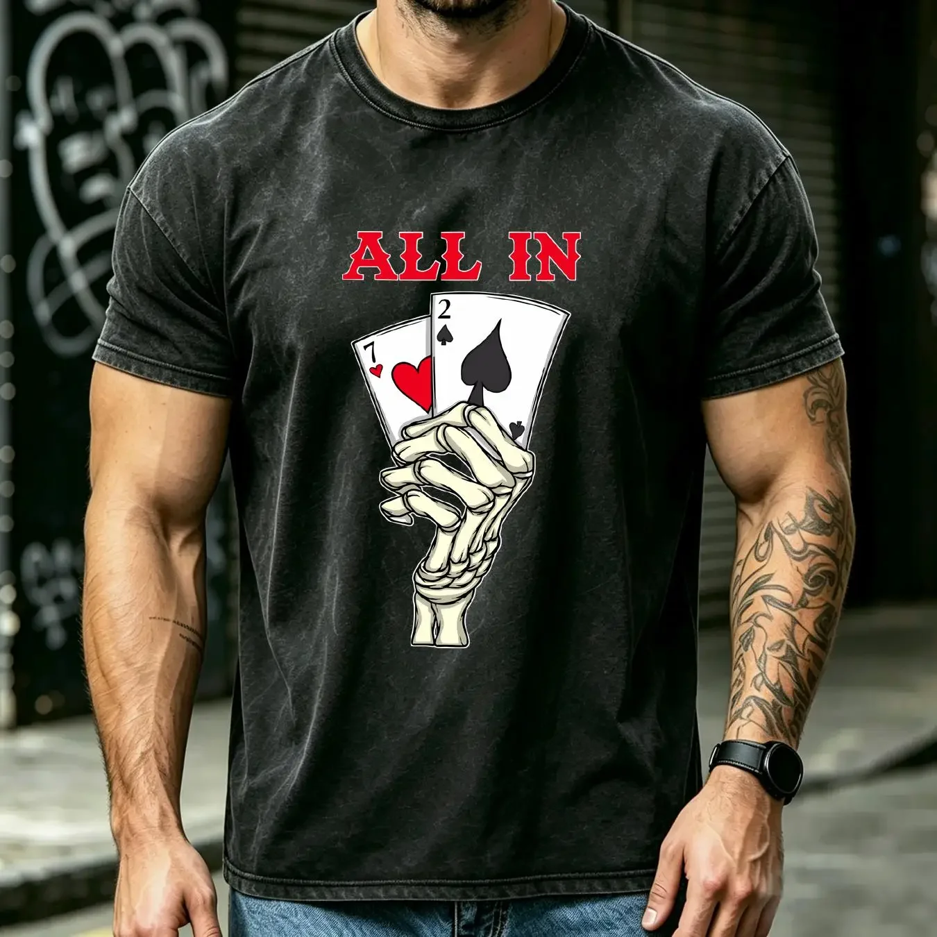 washed T Shirt Poker 7 2 Skeleton Hand Texas Holdem All In Player vintage Washed Stylish Stretched Versatile Soft fashion homme