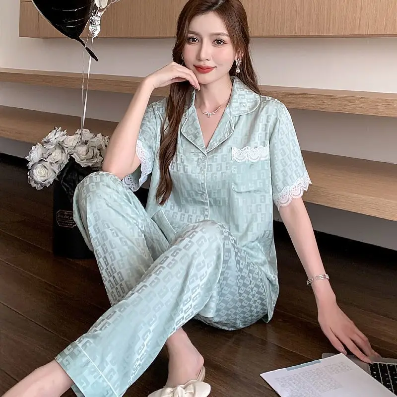 Summer Pajamas Women's Ice Silk Pijama Mujer Short Sleeves Casual Luxury Loungewear Women Light and Breathable