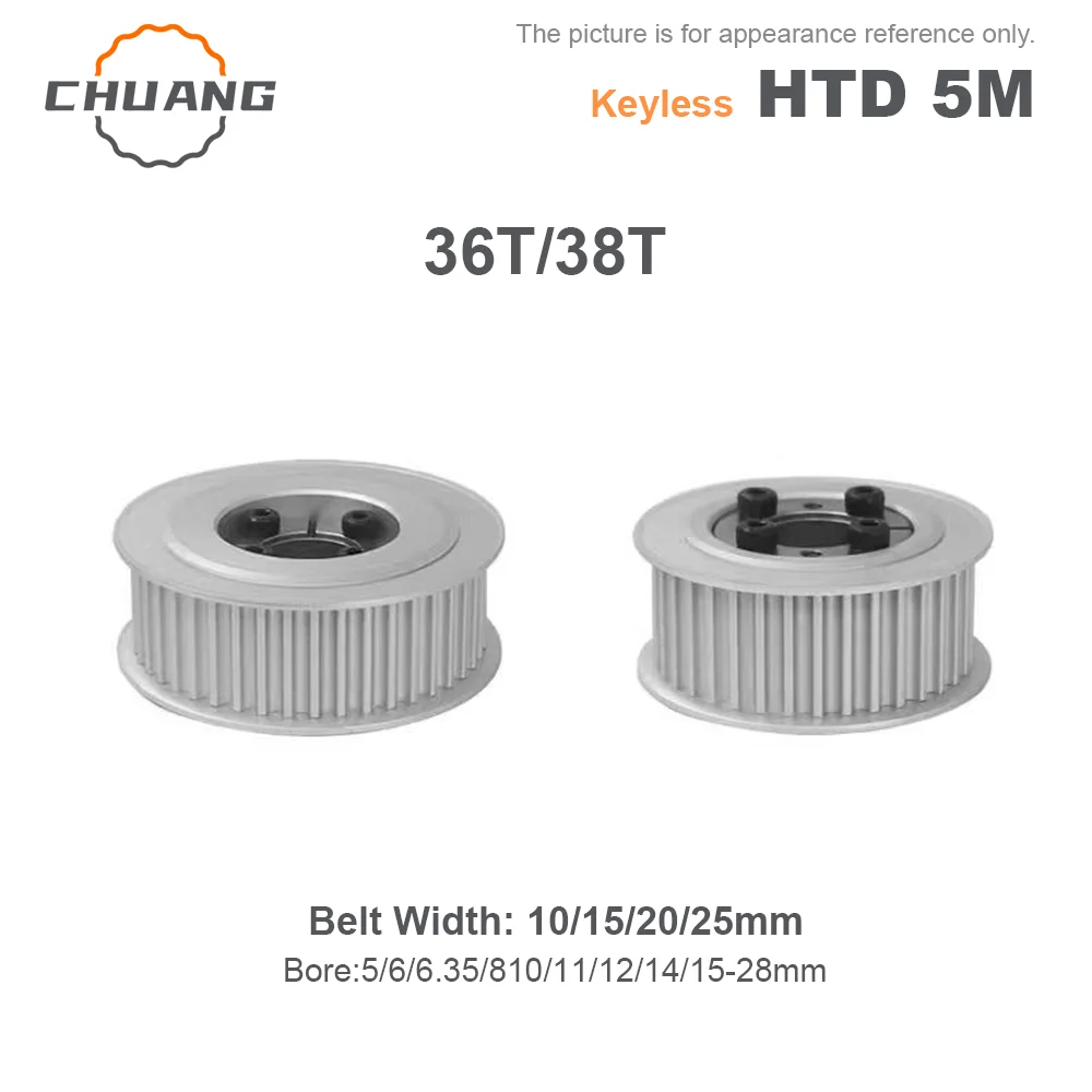 

36T 38Teeth HTD 5M Timing Pulley Keyless Bushing Bore 5-28mm for Belt Width 10/15/20/25mm HTD 5M Keyless