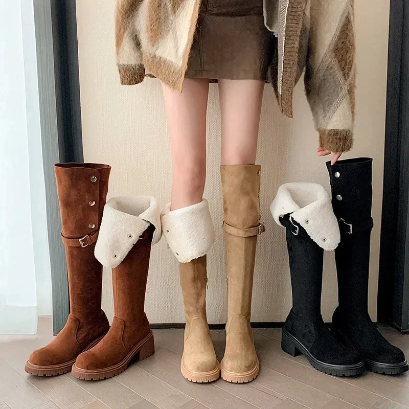 Vintage Platform Women Over The Knee High Boots Fashion Belt Buckle Shoes Autumn Winter Thick Heel Women's Long Booties