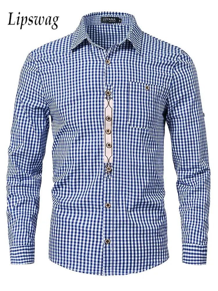 

Винтажная мужская рубашка с длинным рукавом в клетку с принтом, весенняя повседневная рубашка на пуговицах с отложным воротником для мужчин, осенняя тонкая рубашка для отдыха