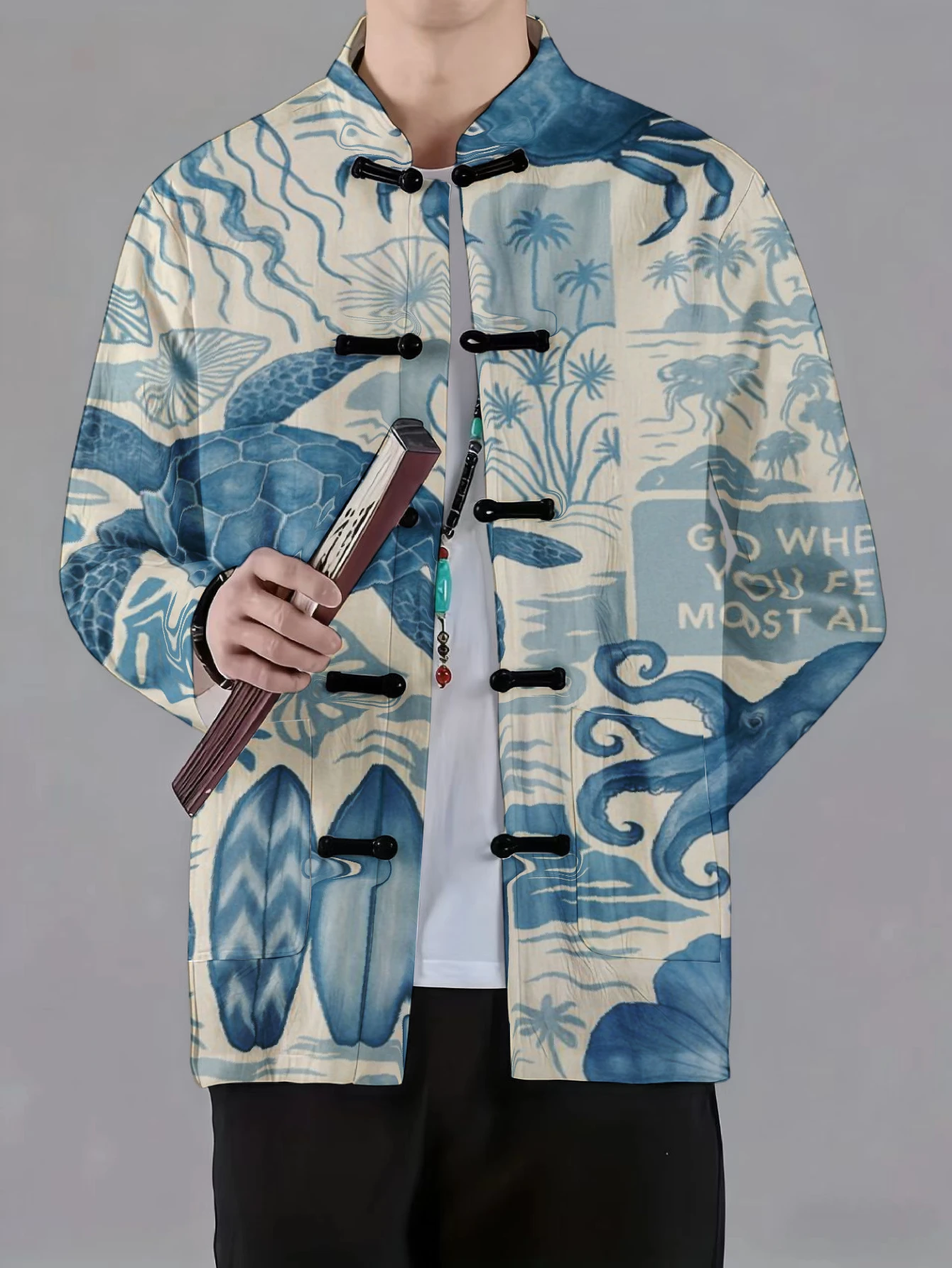 Men Men Mandarin Collar Frog Button Jacket Ocean Tie Dye Landscape Art Print Traditional Outerwear - Aliexpress Deal