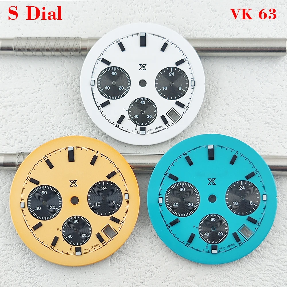 

32.5mm VK63 watch dial with 6 hands, date quartz movement, chronograph dial, white, yellow, blue