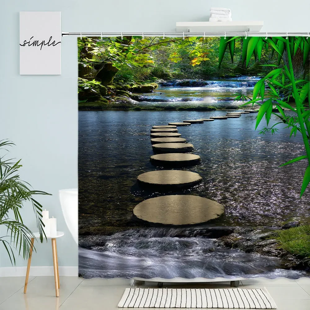 Natural Landscape Shower Curtain Forest Park Lake Wooden Bridge Green Bamboo Trees Bohemia  Waterproof Bathroom Curtains Decor