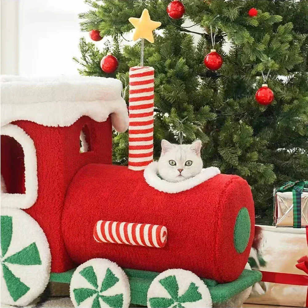 Christmas Train Cat Climbing Frame Cat Nest Integrated Winter Warm All-Season Kitty Sleeping Nest Cat Tree House