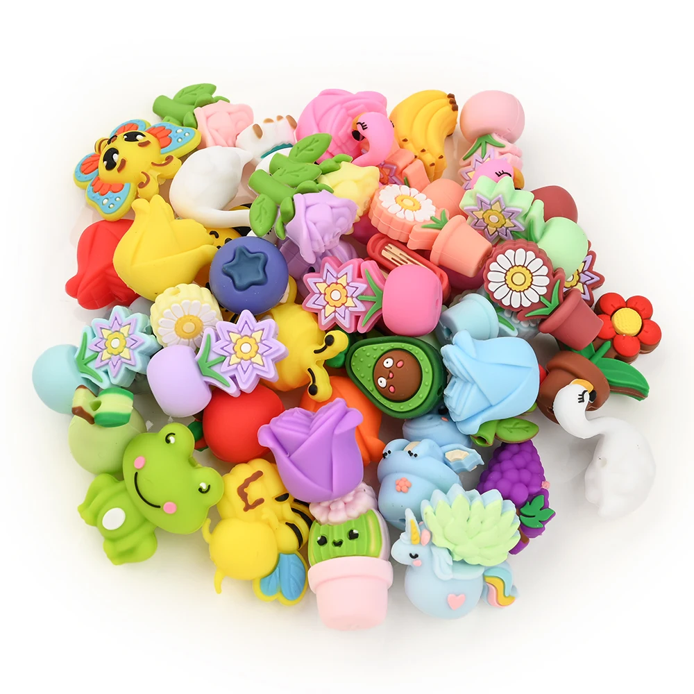 5Pcs Colorful Mixed Silicone Beads Animal Plant Fruit Focus Beads For BPA Free Pacifier Chain Accessories DIY Handmade Beads