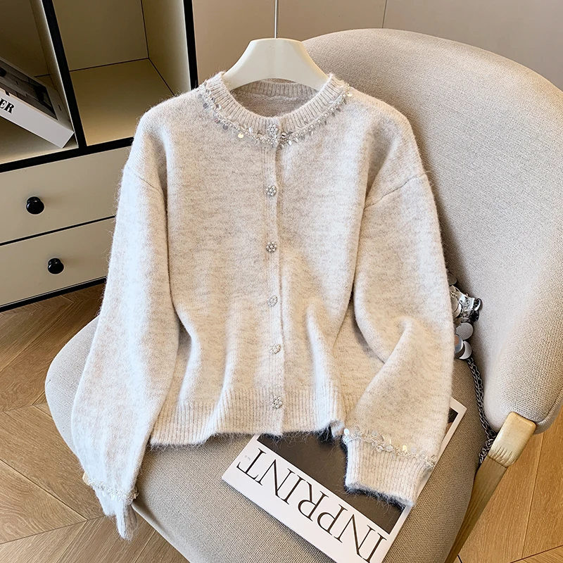 

Autumn Winter New Sequin O-Neck Small Fragrant Style Knitted Cardigan Women Temperament Long Sleeve Sing Breasted Casual Sweater