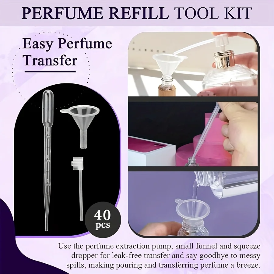 ชุดเติมน้ำหอม 40 ชิ้น: กรวย, หลอดหยด, ขวดหยด, เข็มฉีดยา, สำหรับเดินทางและเครื่องสำอาง DIY