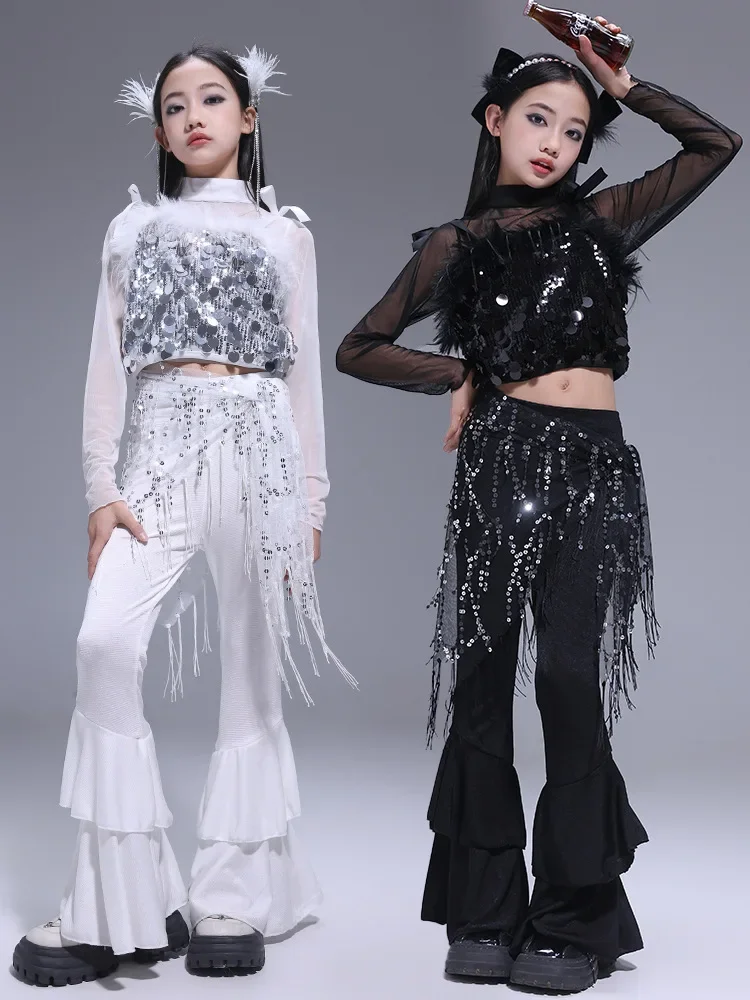 

Джазовые костюмы для девочек, костюмы для подиума с блестками, детская танцевальная сценическая одежда в стиле хип-хоп