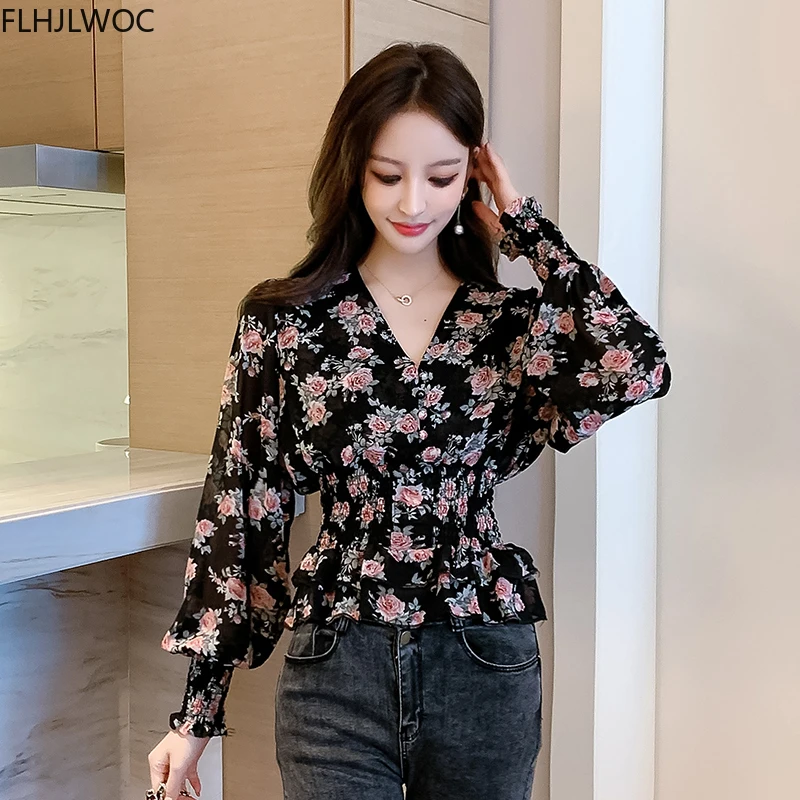 2022 Autumn Cute Tops Women Long Sleeve Korean Japanese V Neck Slim Waist Ruffled Peplum Floral Chiffon Shirts Blouse 120