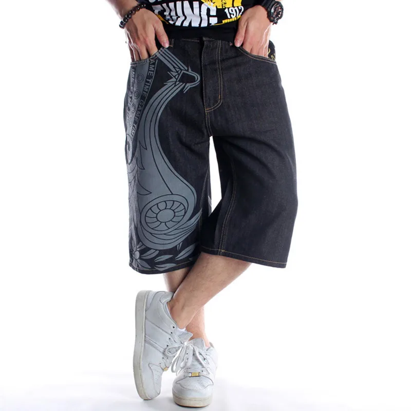 Men Fashion Street Dance Wide Legs Jeans Embroidery Black Loose Board Jeans Cropped Pants Plus Size 30-46