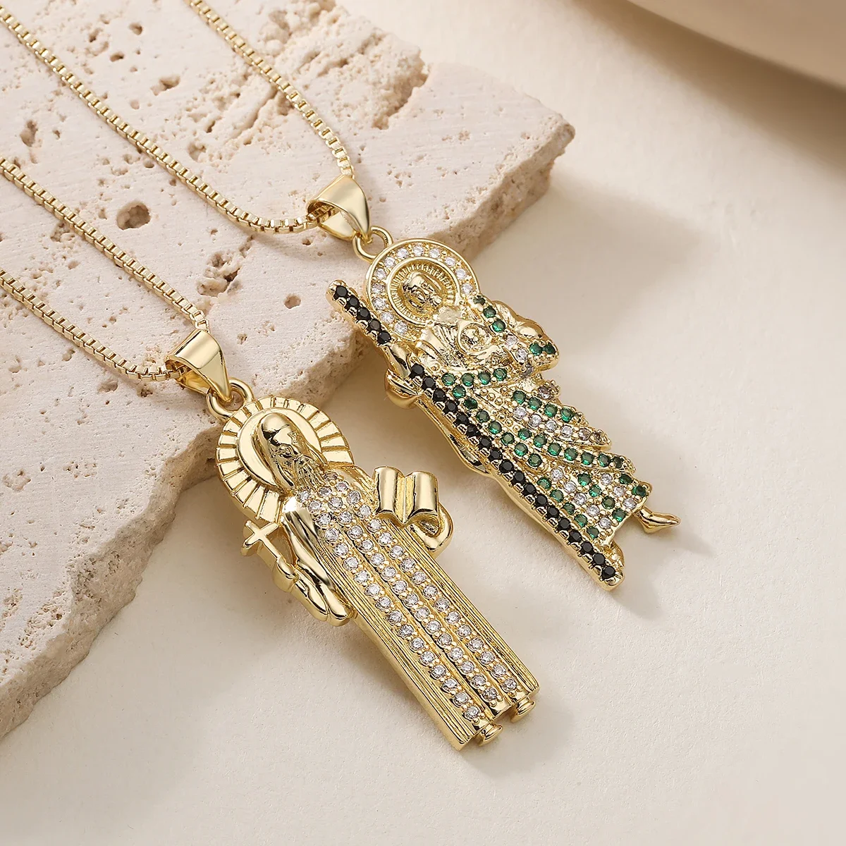 Brass Gold Plated Saint Jude Pendant Necklace Multi Color CZ Religious Figure Charm Necklace Fashion Amulet Women Men Jewelry